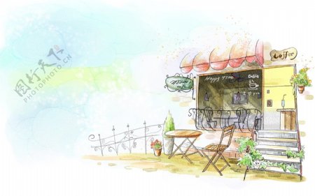 韩风手绘水彩插画咖啡厅