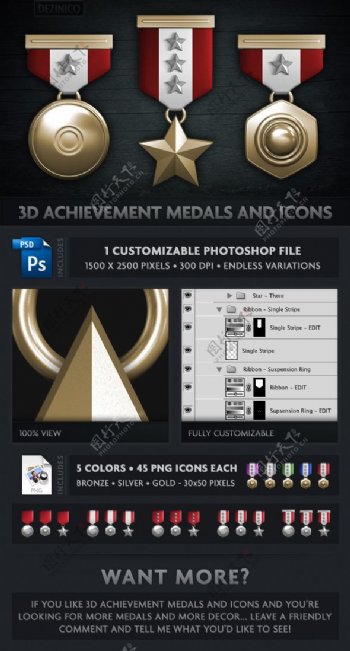 3D金属奖章等级图标