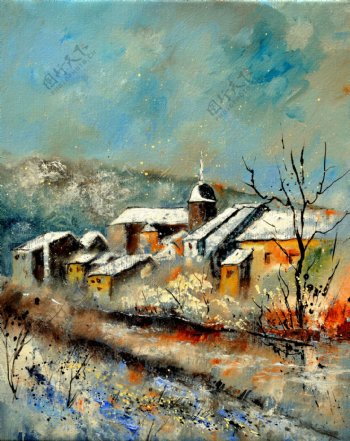 油画冬天的村庄图片