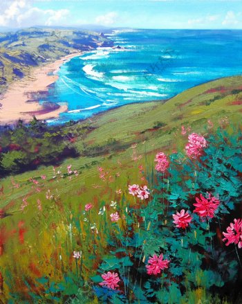 油画沿海的野花图片