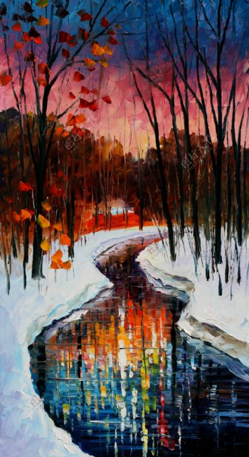 油画冬季河流图片