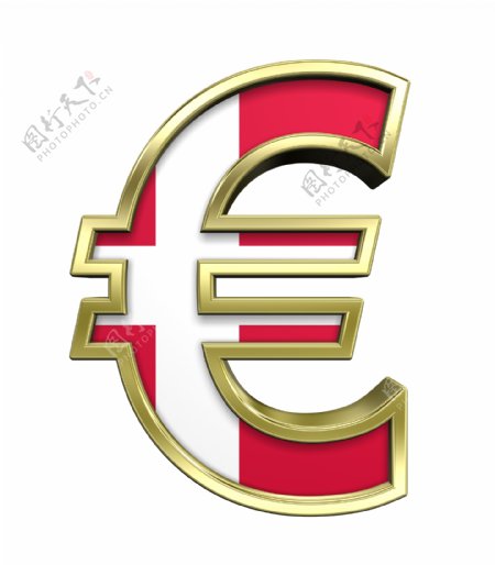 黄金的欧元符号与丹麦国旗白色隔离