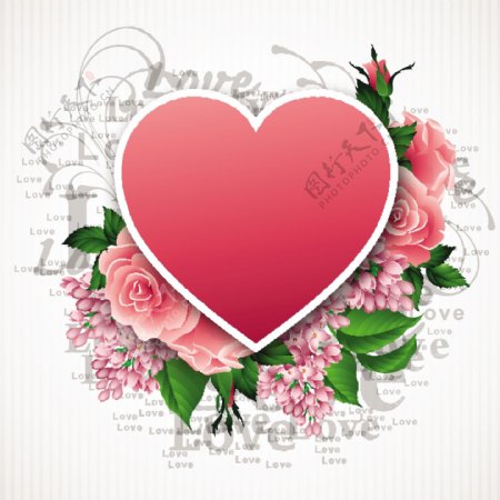 红色爱心与玫瑰花贺卡矢量素材.