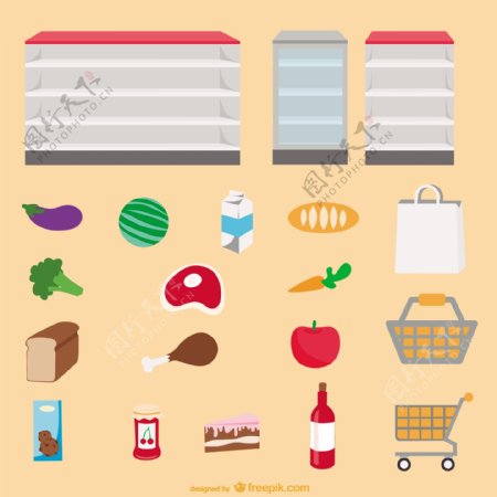 超市货架与食物设计矢量素材