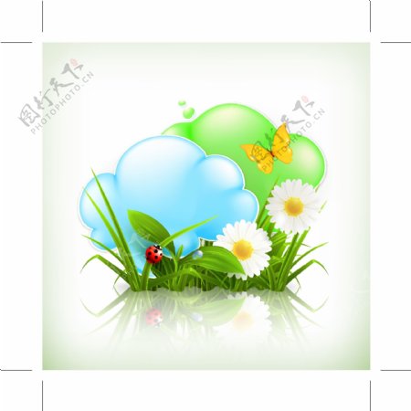 绿草鲜花蝴蝶云彩绿色生态环保背景图片