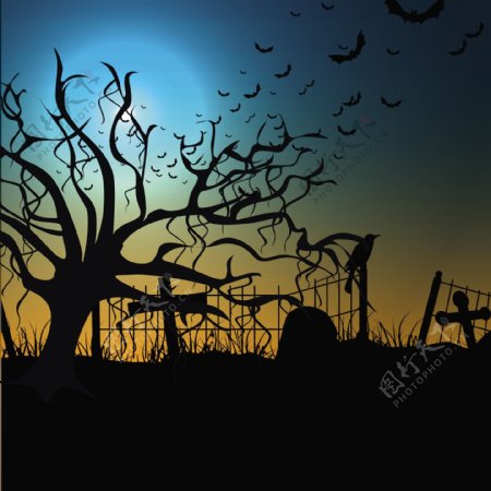 横幅或背景的死树万圣节幽灵般的夜晚