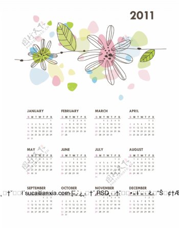 简约花卉2011新年日历矢量图
