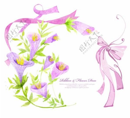 浅紫色花朵植物与丝带PSD素材