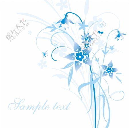 简单的手绘花和蓝色文本背景图案矢量5