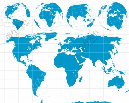 少见的世界地图及五大洲矢量图