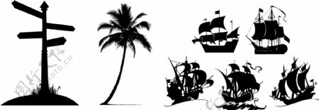 道路标志椰子树帆船剪影图标素材