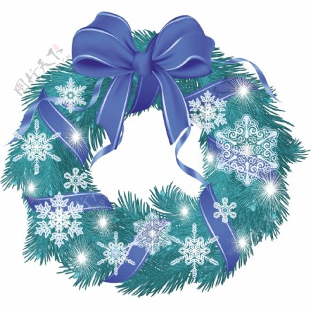 圣诞花环装饰着冰冷的蓝色丝带蝴蝶结和雪花矢量