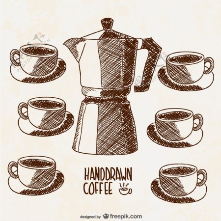 手绘咖啡壶与咖啡