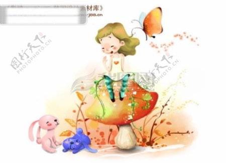 HanMaker韩国设计素材库背景卡通漫画可爱人物女孩兔子蘑菇开心儿童