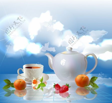 蓝天白云茶壶水果图片