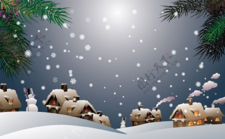 圣诞夜晚雪景矢量素材