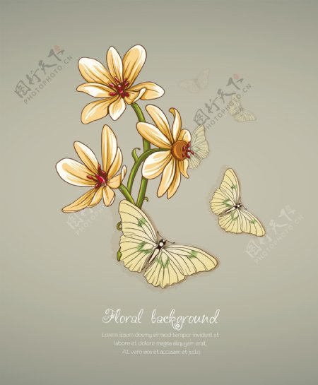 随着春天的花朵和蝴蝶花卉背景矢量插画