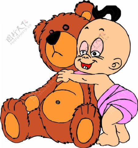 卡通儿童抱着泰迪熊和矢量图