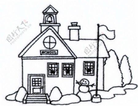 绣花色彩黑色建筑房子免费素材
