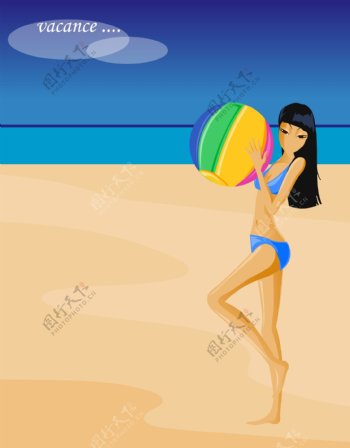 插图插画海滩打球