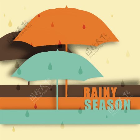 摘要背景与雨季多彩伞和雨滴
