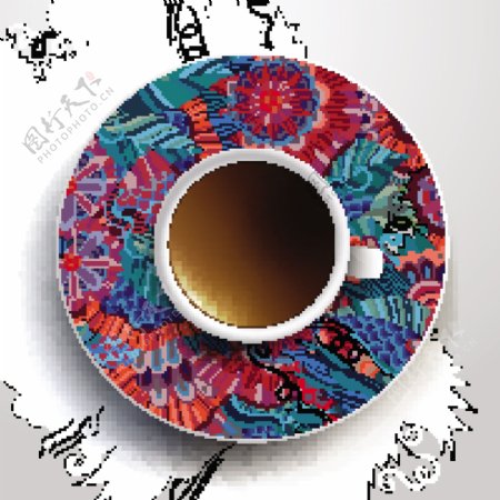 民族图案装饰和咖啡杯矢量03