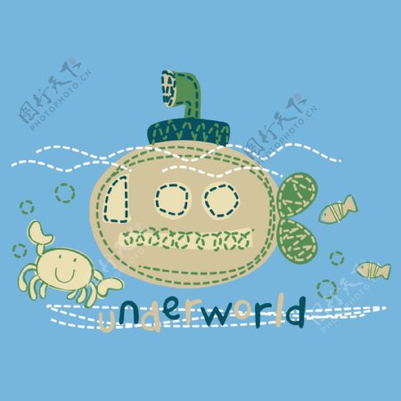 印花矢量图T恤图案图文结合卡通形象潜水艇免费素材
