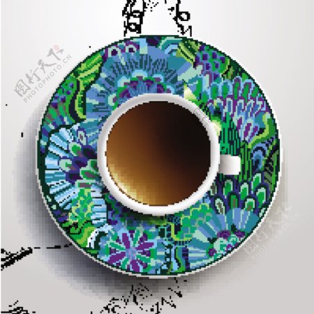 民族图案装饰和咖啡杯矢量04
