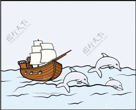 海豚矢量插画古船