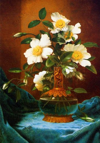 油画花瓶里的白玫瑰图片