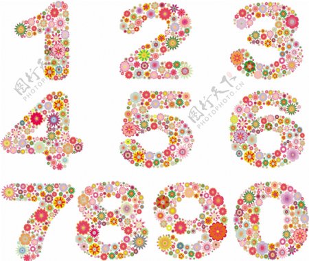 五颜六色的花的数字和字母矢量的05个元素