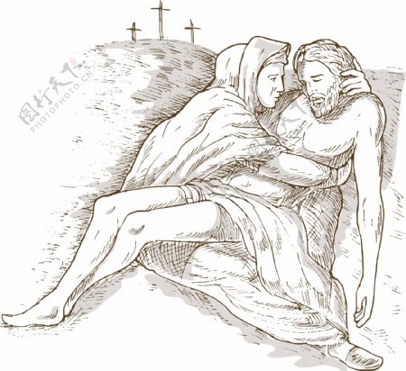 母亲玛丽和死亡耶稣的十字架