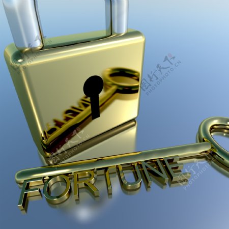 随着财富的钥匙显示运气成功和财富的挂锁
