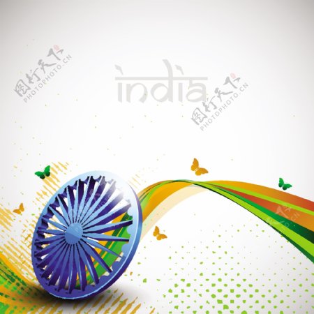 印度国旗颜色的创新浪潮的背景与3D阿育王轮和蝴蝶10