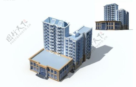 现代都市兰色立檐多层建筑楼群3D模型