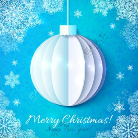 蓝色圣诞风格折纸吊球背景矢量素材