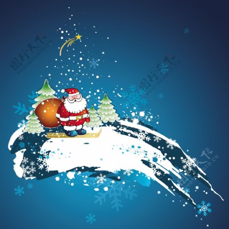 矢量圣诞节圣诞树星星雪花下雪礼物圣诞老人滑雪矢量素材