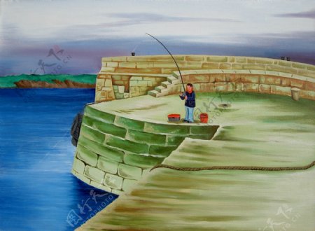油画钓鱼的小孩图片