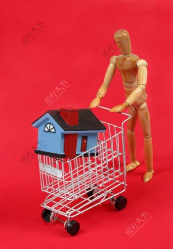 3d小人推着模型房子购物车图片