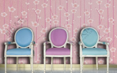 梅花背景彩色椅子图片