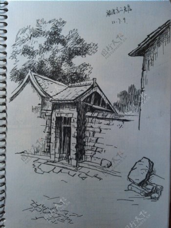 钢笔手绘村庄风景图片