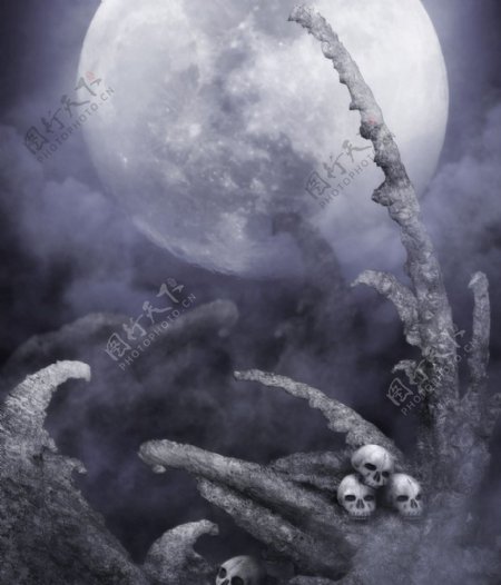 恐怖阴森怪石骷髅背景圆月图片