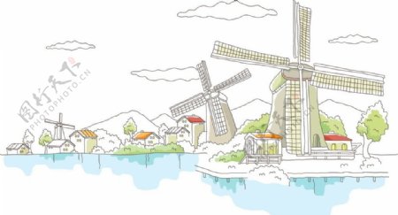 手绘风车发电节能减碳环保城市图片