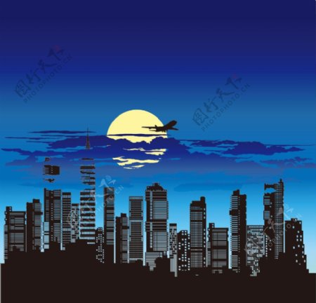 都市城市建筑夜景圆月图片