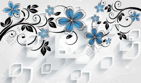 3D蓝色花卉背景墙图片