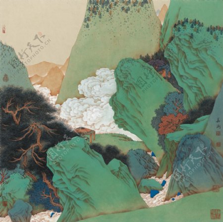 中国画青山绿水工笔重图片