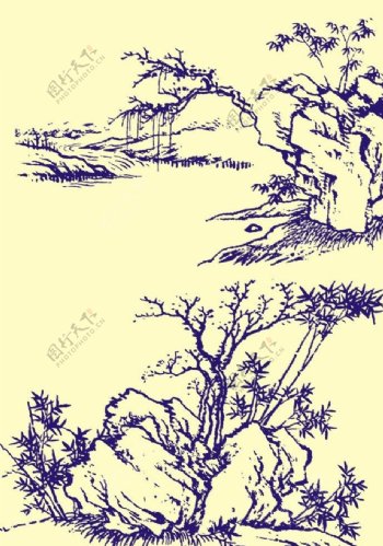 国画山石树木图片