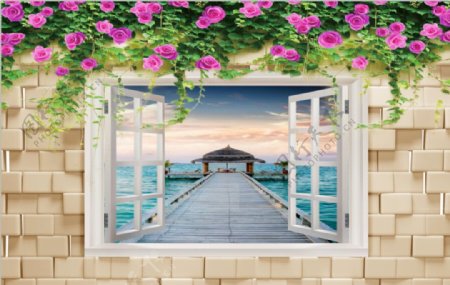 海景窗户紫玫瑰花藤砖墙图片