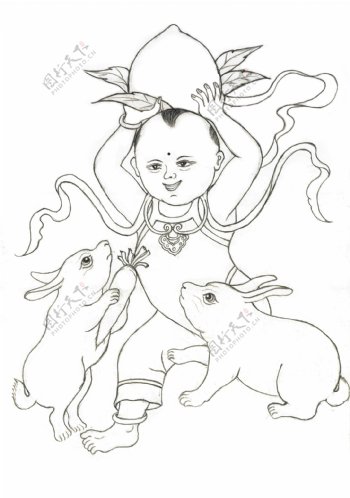 手绘童子兔子图片
