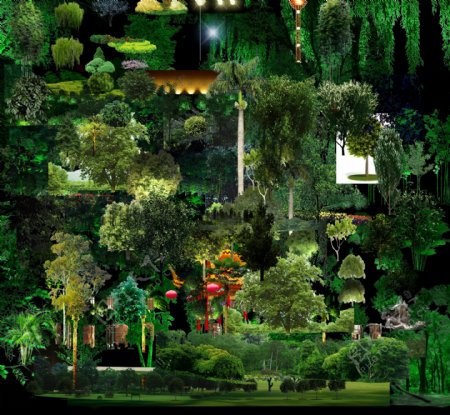 绿化绿树夜景效果素材图片